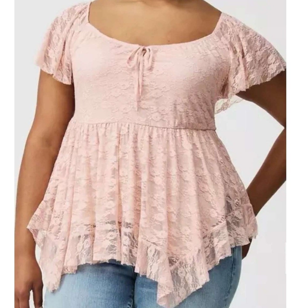 Torrid Pink Lace Babydoll Top Boho Sharkbite Hem Flutter Sleeve Size 2X